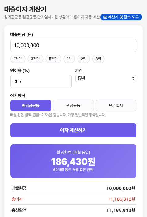 대출이자 계산기 사용법 1